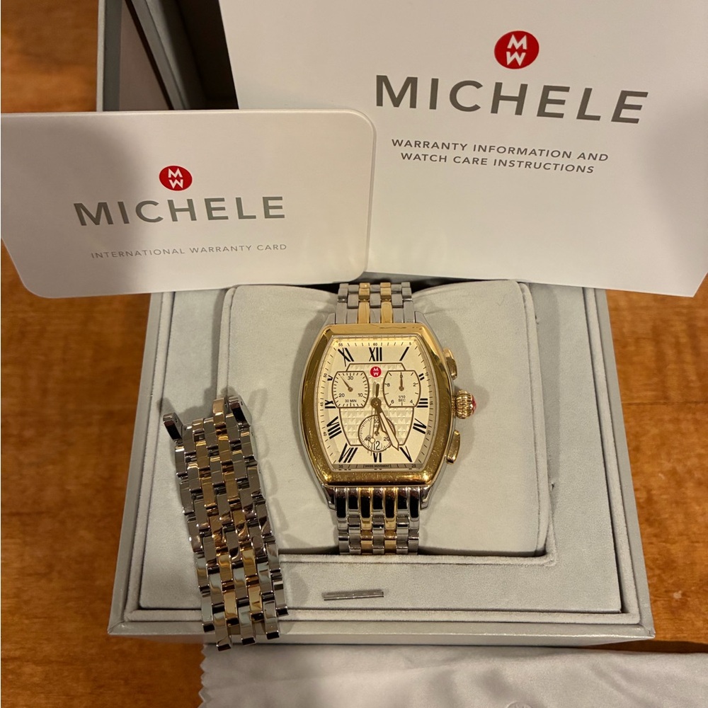 Michele Two-Tone Gold and Silver Chronograph Watch with Cream Dial